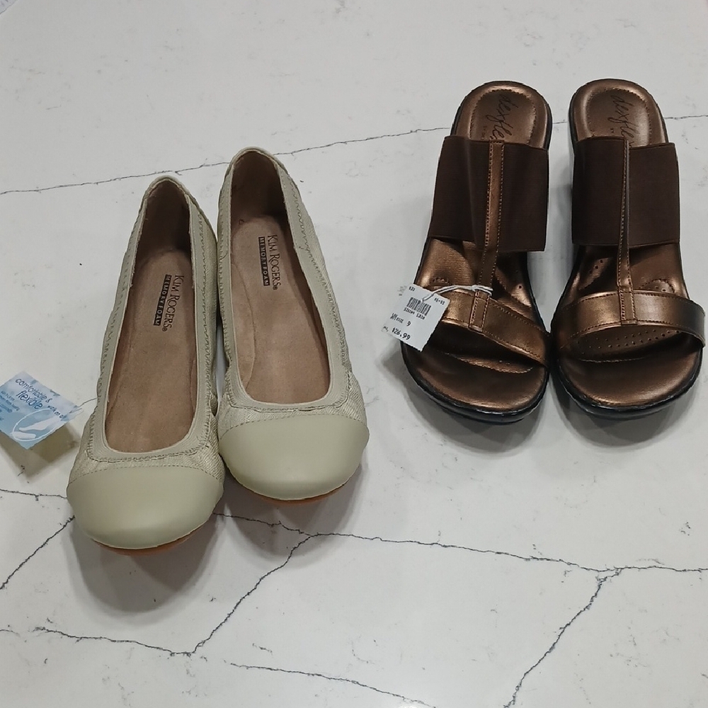 Women's Cream Flats And Brown Platform Sandals, Both Size 9, New With Tags